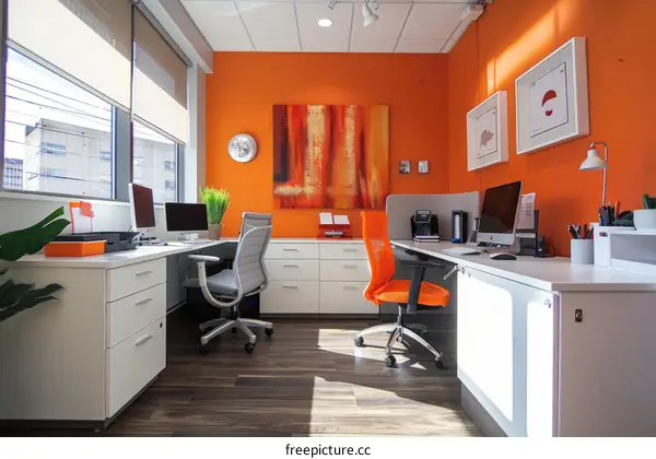 Two Workstations in Open Plan Office Space With Orange Accent Wall