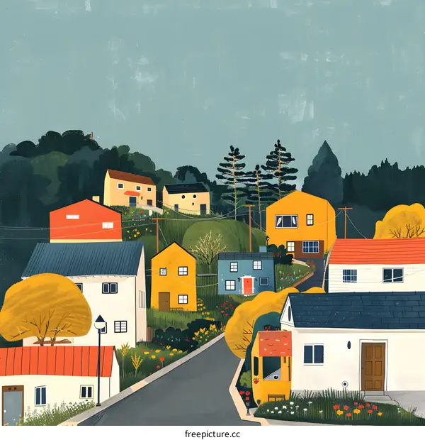 Colorful Houses on a Hilltop with a Road in Front