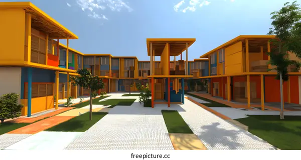 Colorful Modern Architecture Design with Courtyard and Green Trees