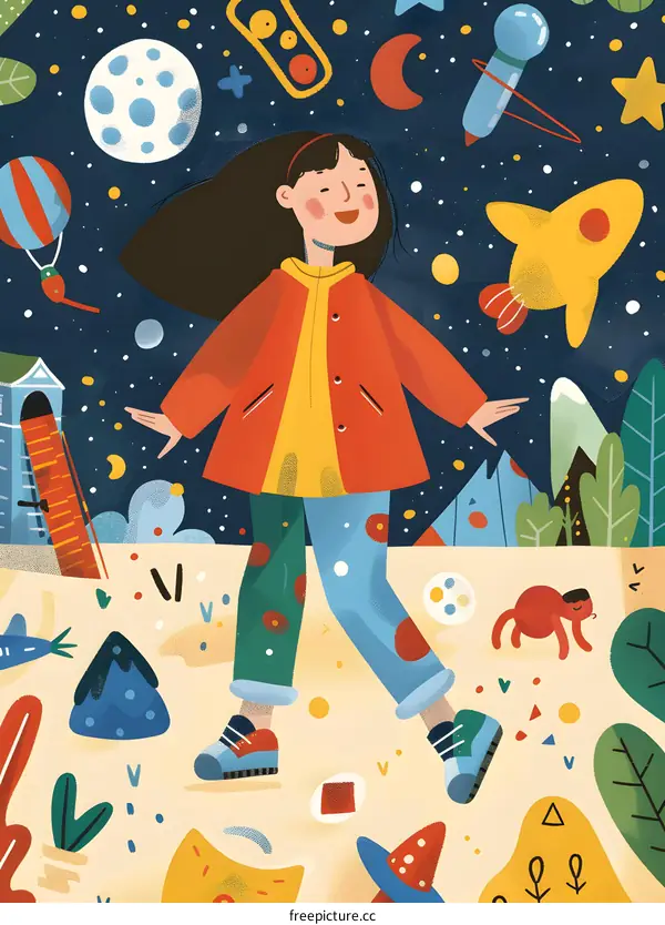 Girl Walking in a Dreamlike World of Colorful Shapes