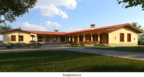 Modern Style Yellow Ranch Home With Red Tile Roof