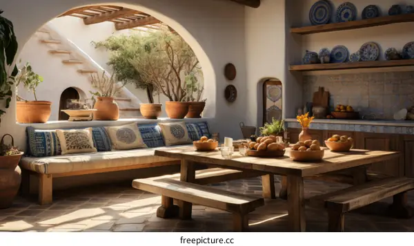 A beautiful Mediterranean style home interior with a dining table, a seating area, and a kitchen