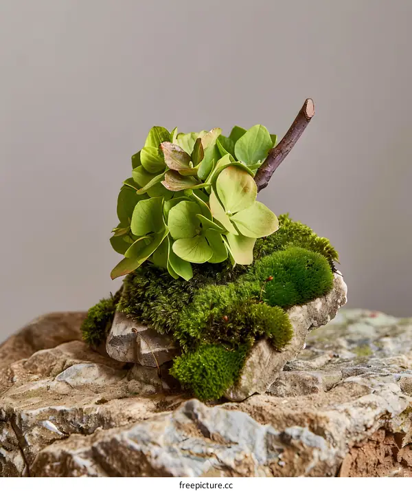 Green Hydrangea Flower on Rocks with Moss