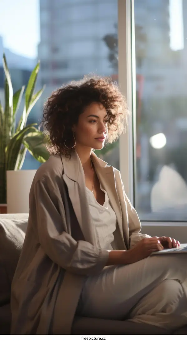 A young woman is sitting on a couch and looking out the window.