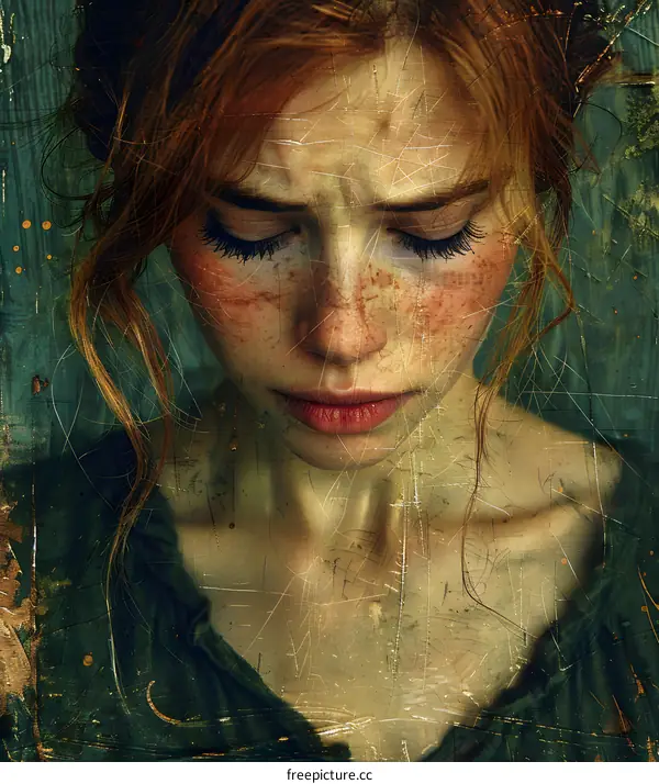 Portrait of a redhead woman with freckles and green eyes looking down