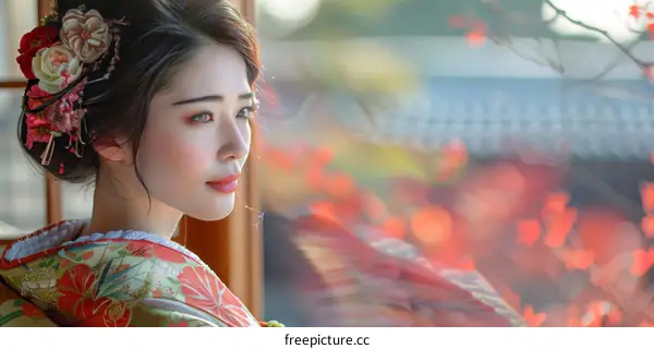 Portrait of a beautiful Japanese woman in traditional kimono