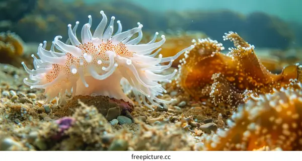 Close-up of a sea anemone and algae on the seabed