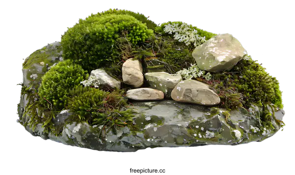 [Transparent Background PNG]Green Moss and Rocks on a White Background