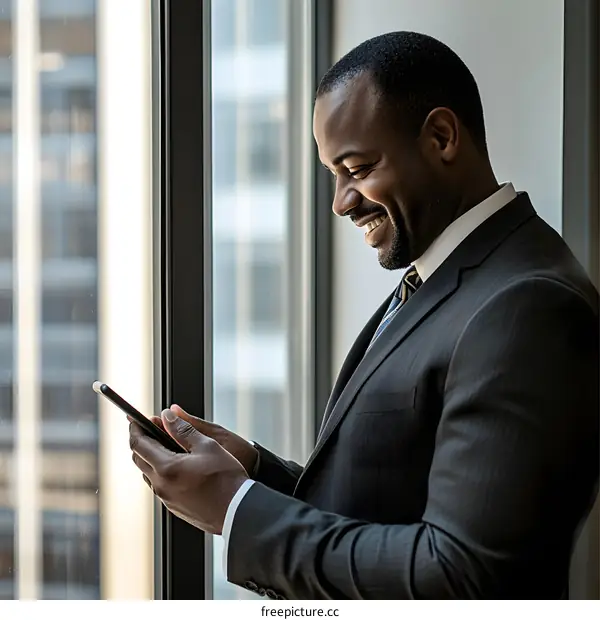Smiling African American Businessman Looking At Phone