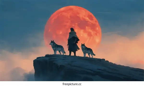 Silhouette of a Person and Wolves Against a Red Full Moon