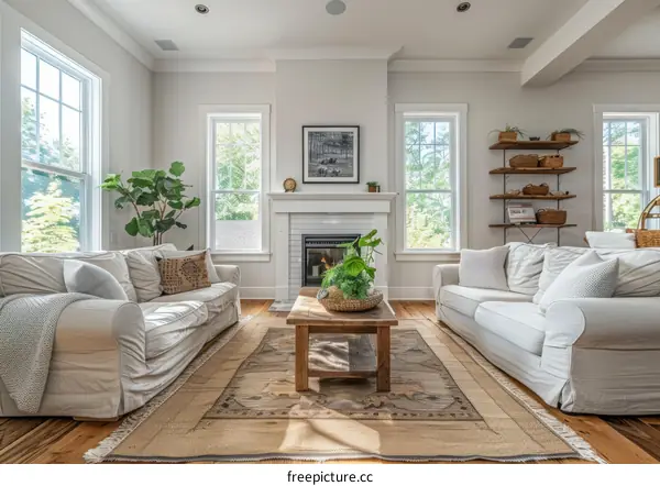 Living Room with Fireplace and Two Sofas