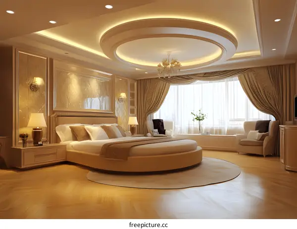 Luxury Modern Bedroom Interior Design with Round Bed and Elegant Ceiling
