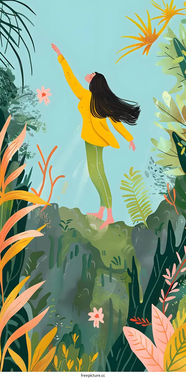 Woman Reaching for the Sky in a Lush Forest