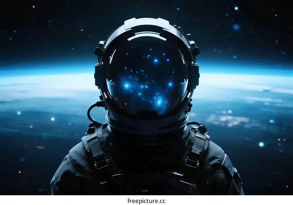 Astronaut in Space Suit with Earth and Stars Reflected in Visor