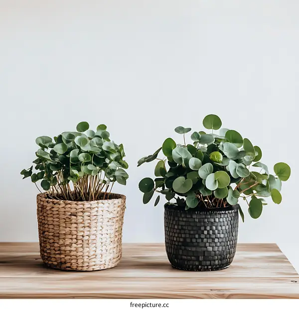 Two Green Plants in Wicker Pots on Wooden Table