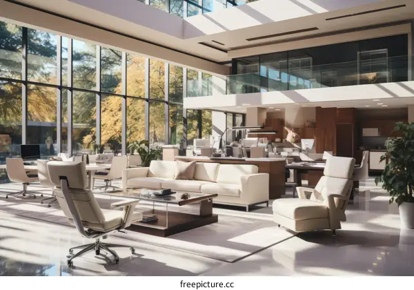 A modern office space with a large glass window and a comfortable sofa