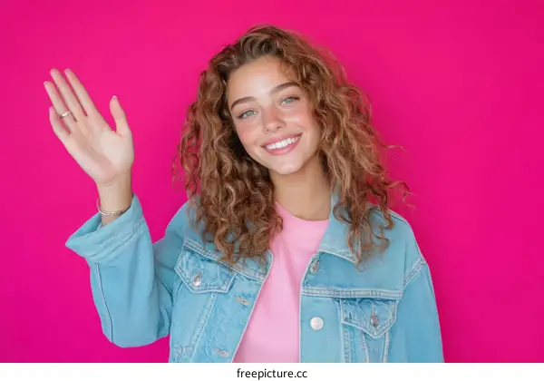Young Woman Smiling and Waving Hello Against a Bold Pink Background