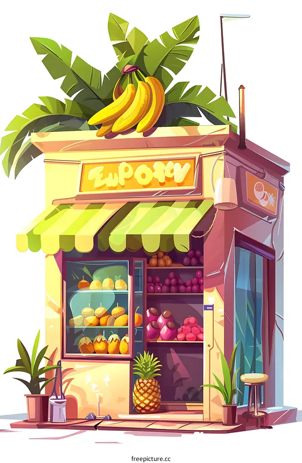 Tropical Fruit Store Illustration with Banana Palm and Pineapple