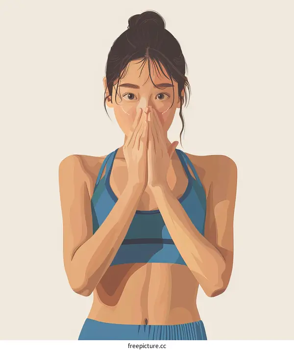 An illustration of a young woman in sportswear covering her mouth with her hands