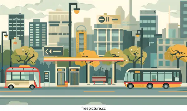 Cityscape Illustration with Buses and Street Lights