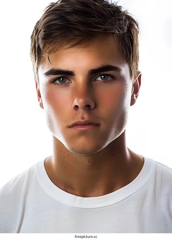 Close up portrait of a young male model with green eyes and a小麦色的 skin tone wearing a white t-shirt