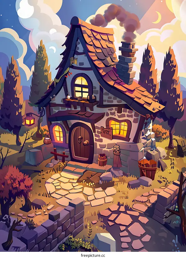Stone Cottage Illustration With Night Sky And Moon