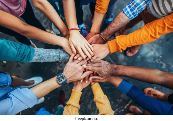 Multiracial group of people joining their hands together