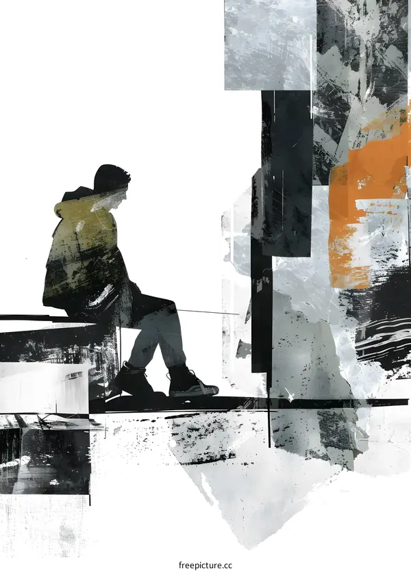 Silhouette of a Man Sitting on a Bench in Abstract Urban Landscape