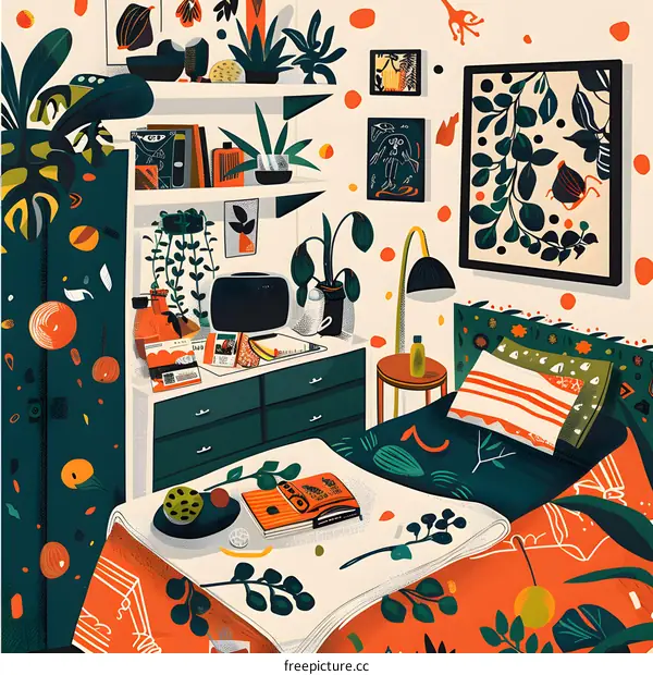 Modern Bedroom with Plants and Books Illustration