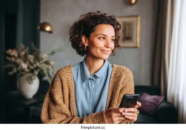 Woman Using Smartphone in Cozy Home Setting