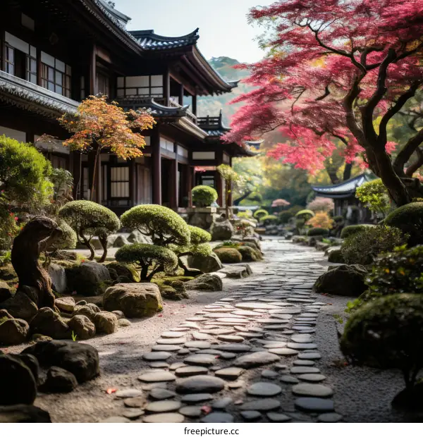 Japanese Garden with Stone Path and Red Maple Tree