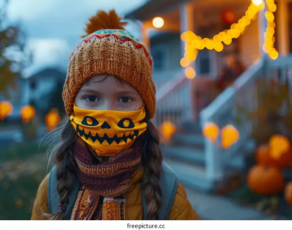 Little girl wearing a Halloween mask