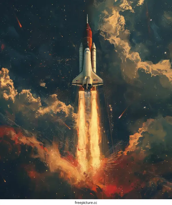 Space Shuttle Atlantis launching into the starry sky