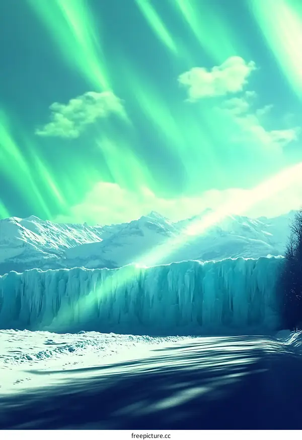 Aurora Borealis Over Ice Wall in Winter Landscape