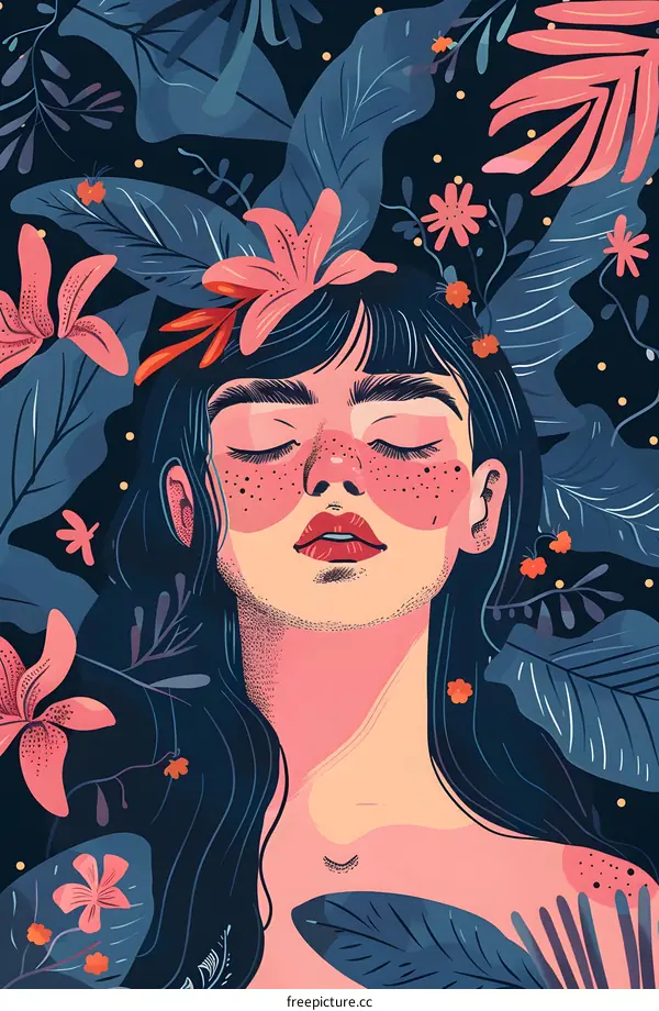 Woman with Closed Eyes Surrounded by Flowers and Leaves