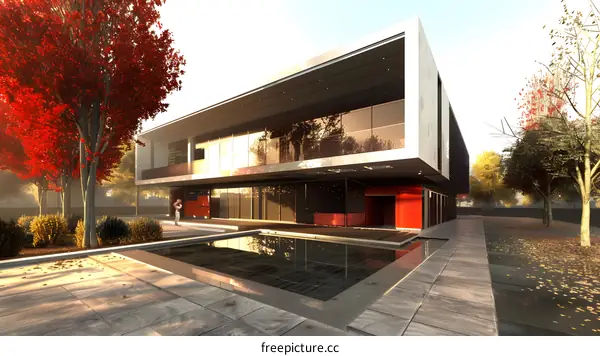 Modern Architecture Home Design With Pool and Autumn Trees