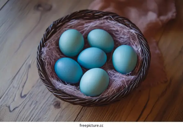 Pastel Blue Eggs in a Rustic Basket