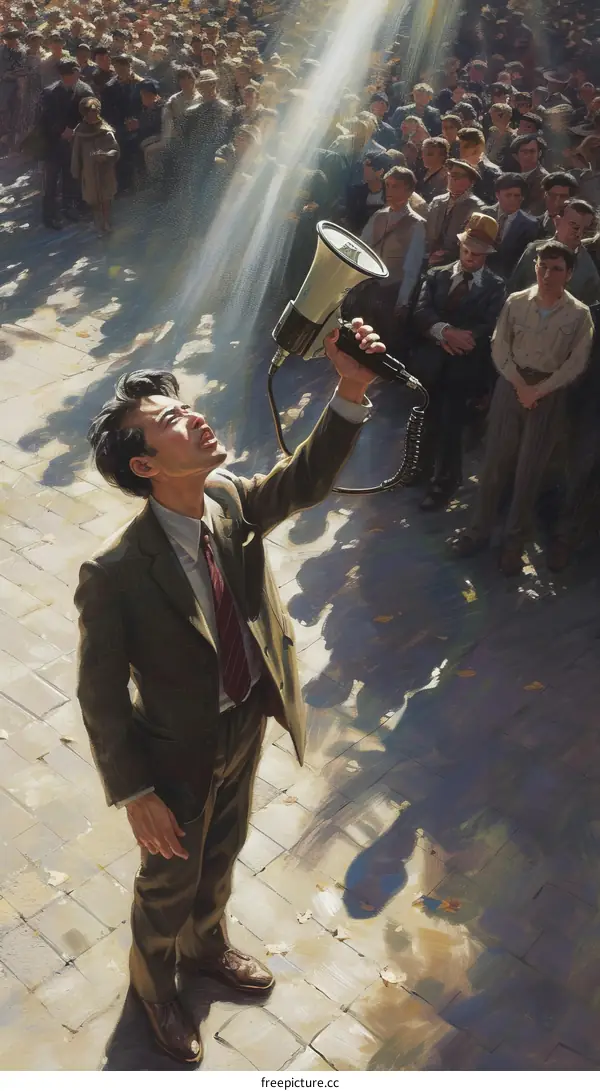 A man giving a speech to a crowd of people