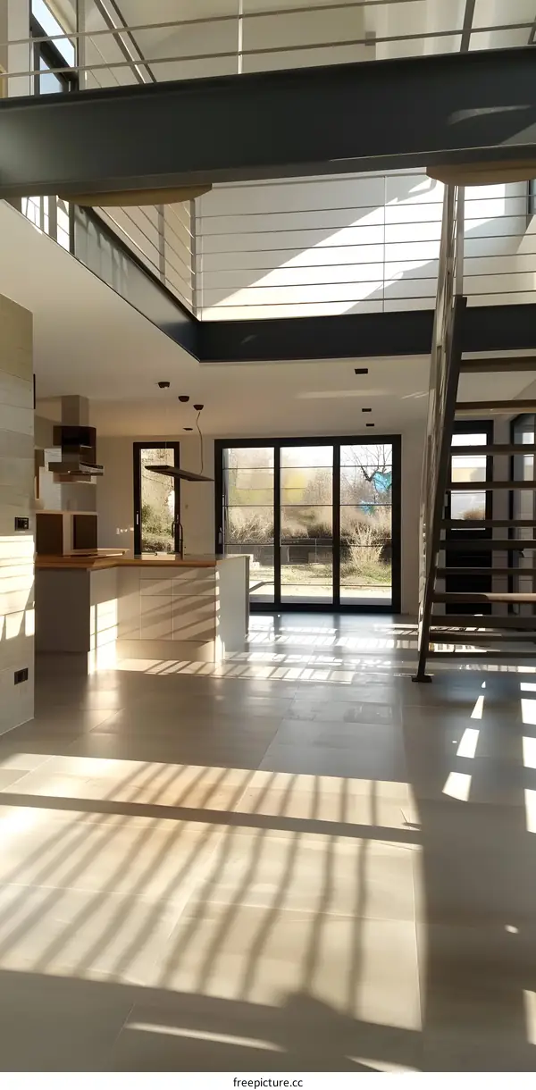 Modern Kitchen Design With Open Floor Plan And Large Windows