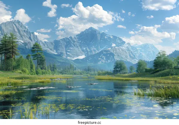 Mountains, Lake and Trees