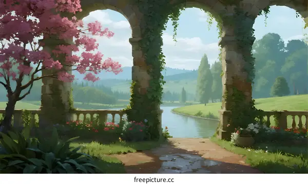 A serene stone archway in a lush green garden with blooming cherry trees and a winding river