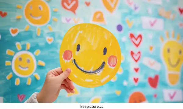 A Hand Holding a Yellow Cutout of a Smiley Face with Colorful Background