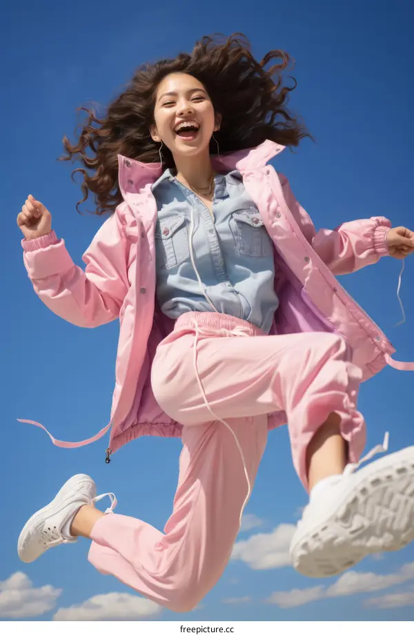 Cheerful young woman jumping in the air