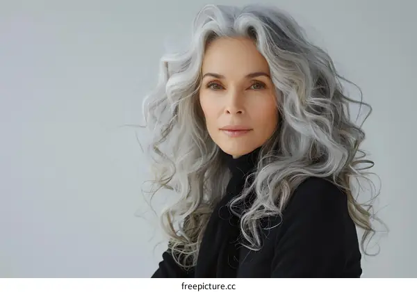 portrait of a beautiful middle aged woman with long wavy gray hair