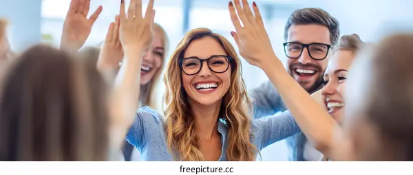 Happy Team Members Raising Hands in Celebration
