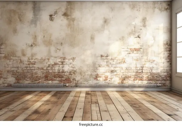 Grunge interior of an old room with brick wall and wooden floor