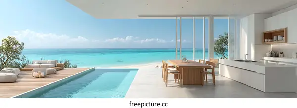 Modern Coastal Seaside Villa Dining Room with Infinity Pool