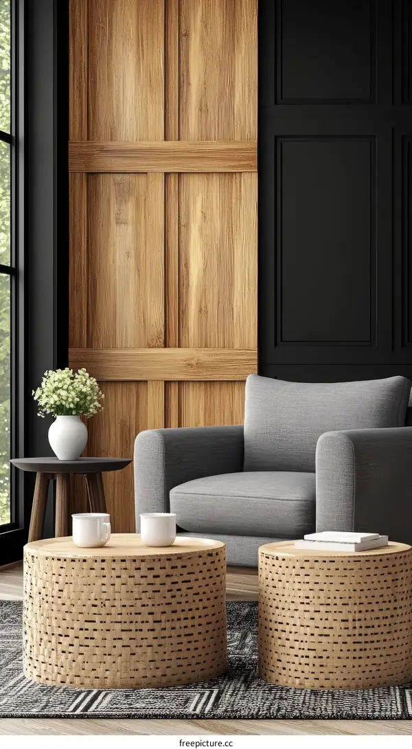 Modern Living Room with Wooden Wall Panels and Round Coffee Tables