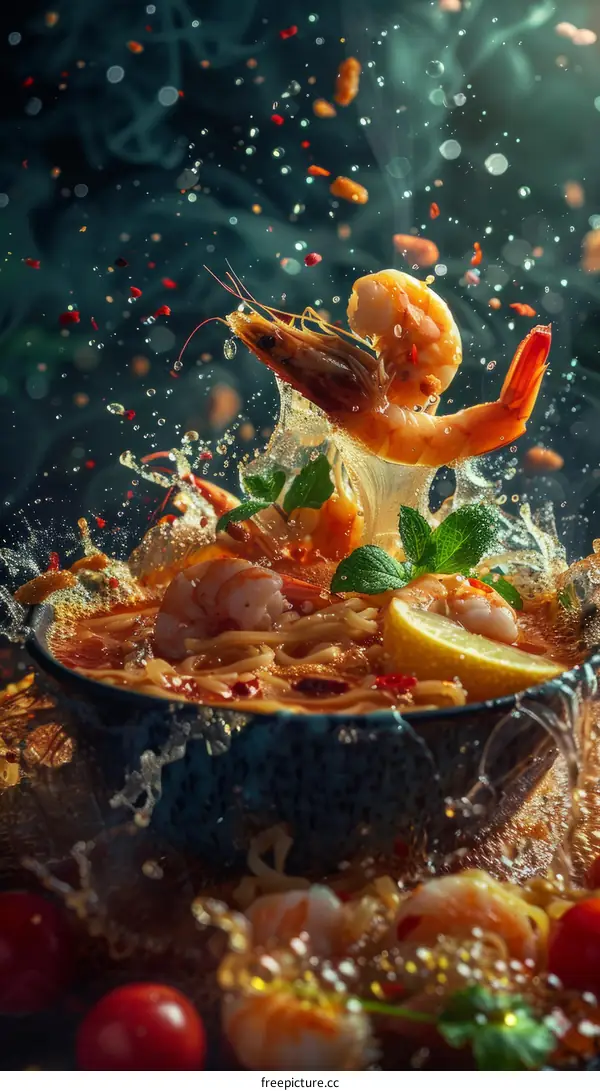 A bowl of spicy seafood soup with shrimp, tomatoes, and noodles