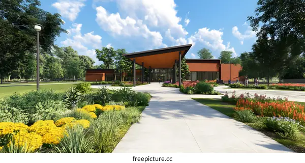 Modern Building Entrance with Landscaping and People